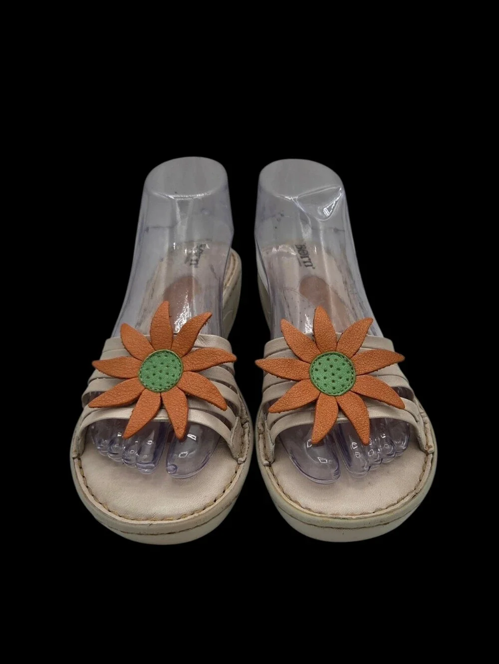 Y2k Born Sandals Cream Leather Wedge Orange Green Flower Applique Whimsical  7.5